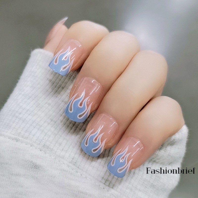 Bộ 24 móng tay giả trang trí hình ngọn lửa xanh dương kháng nước