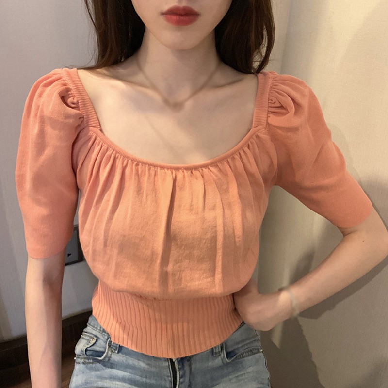 Áo Thun Nữ Ngắn Tay Cổ Vuông Thời Trang Hàn