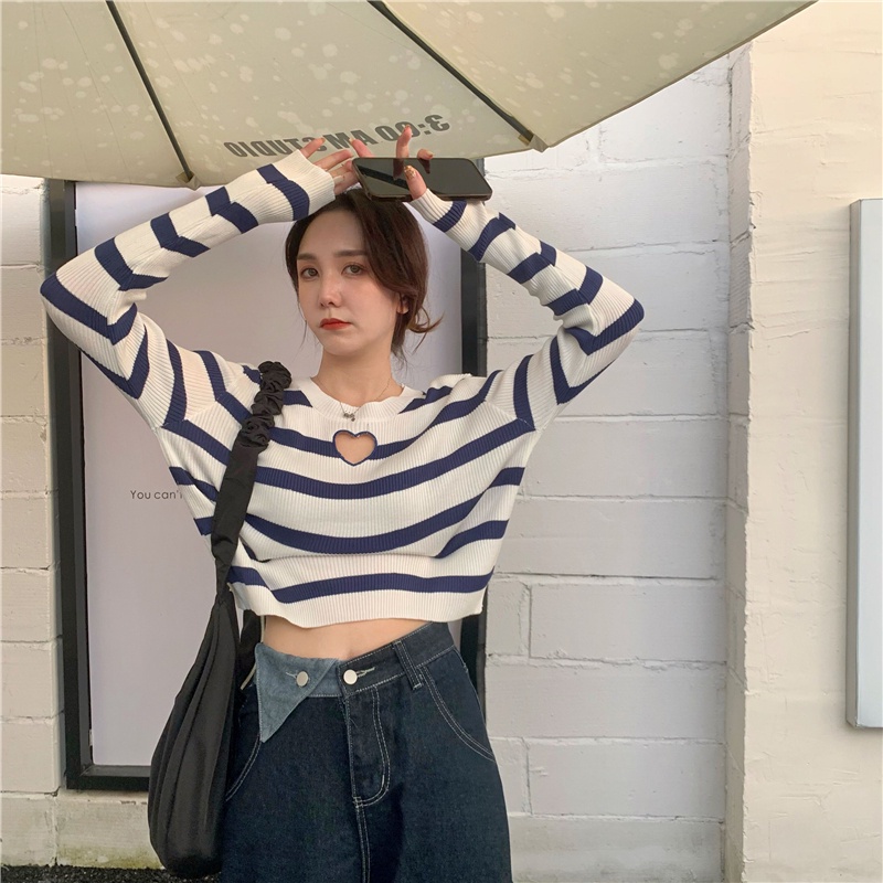 Áo kiểu ZHELIHANGFEI dệt kim tay dài ôm vừa vặn họa tiết kẻ sọc ngang thời trang