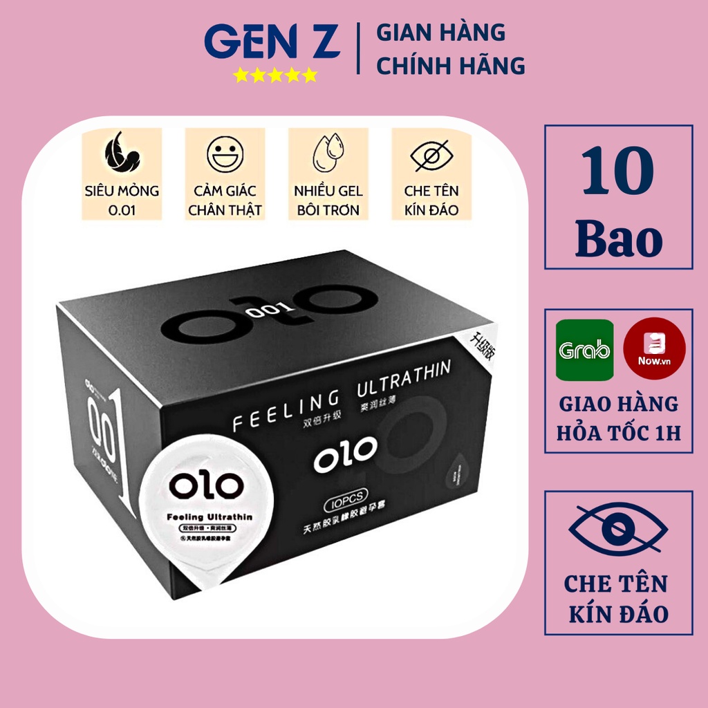 Bao cao su OLO 0.01 Đen Feeling Ultrathin – BCS Siêu Mỏng, Hương Vani, Nhiều Gel Bôi Trơn - Hộp 10 Bcs