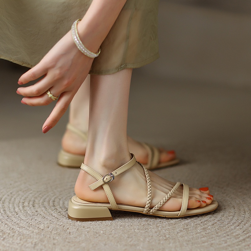 Giày xăng đan IELGY đế bằng dây chéo phong cách Pháp thời trang thanh lịch cho nữ