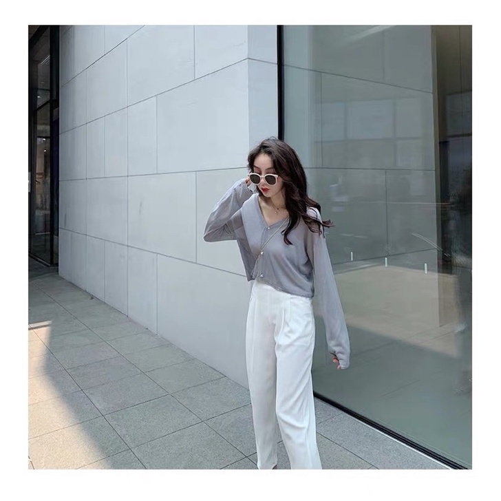 Áo Cardigan Mỏng Có Khuy Khoác ngoài mùa thu chất len tăm dài tay màu trơn phong cách đơn giản Basic 468