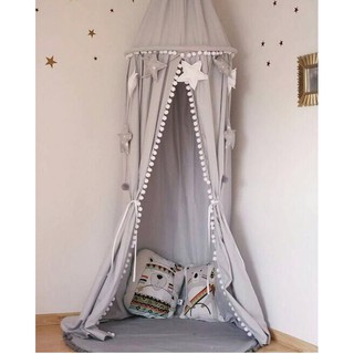mùng tròn décor vải lưới nhiều màu kèm bông tua cho bé (hàng order)