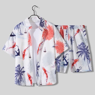 Set áo sơ mi tay ngắn và quần lửng họa tiết hoa thời trang đi biển cho nam (có bán lẻ)