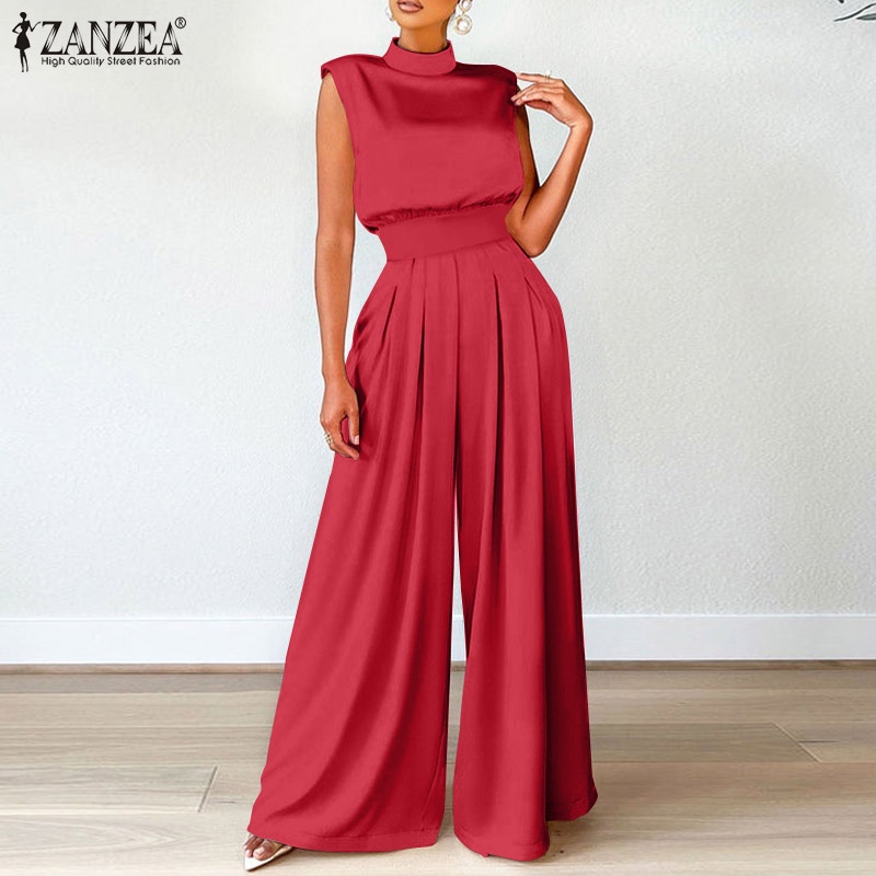 Áo liền quần ZANZEA vải satin không tay cổ cao ống rộng phong cách Châu Âu cho nữ