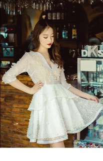 Đầm xoè phối ren đính hạt qccc