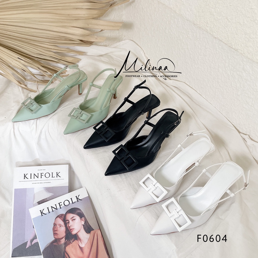 GIÀY CAO GÓT NỮ SLINGBACK GÓT NHỌN 7P BÍT MŨI PHỐI KHÓA 2 Ô VUÔNG DA MỀM F0604