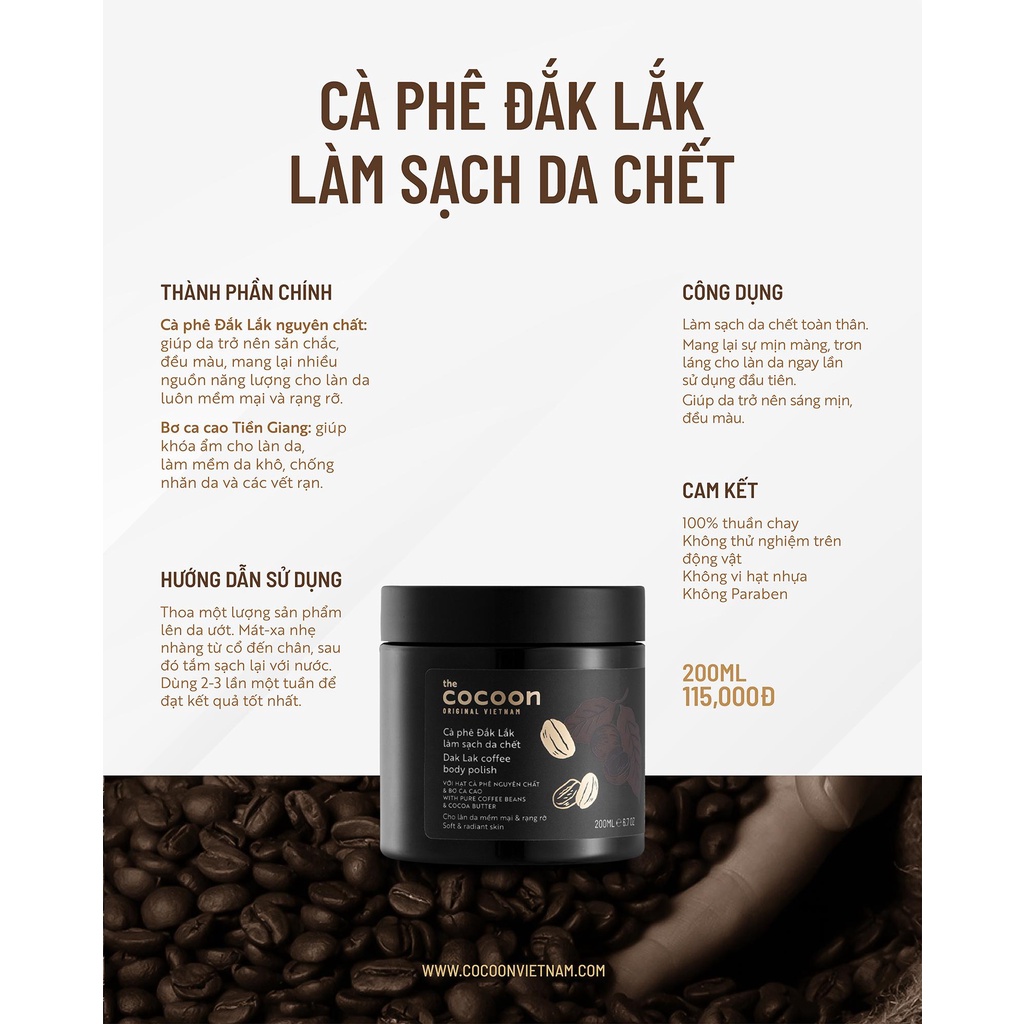 [Có Bill Cocoon]  Cà Phê Đắk Lắk làm sạch da chết cơ thể Cocoon 200ml, tẩy tế bào chết body cà phê | BigBuy360 - bigbuy360.vn