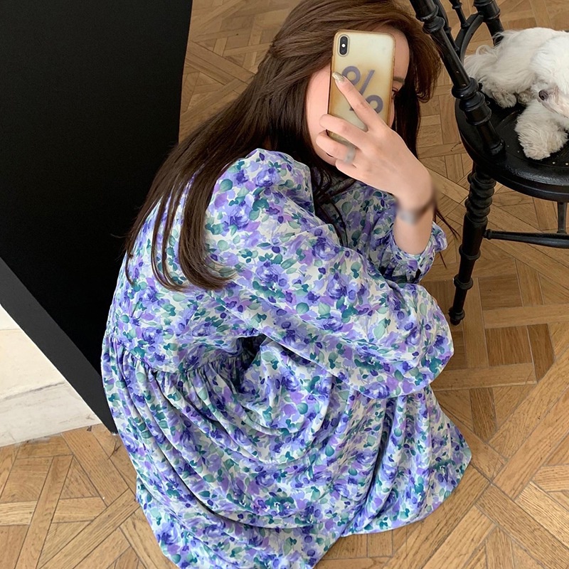 Đầm hoa tay dài cổ chữ V thời trang thanh lịch cho nữ