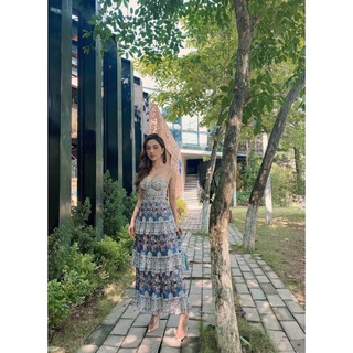 Đầm maxi dập ly tầng họa tiết