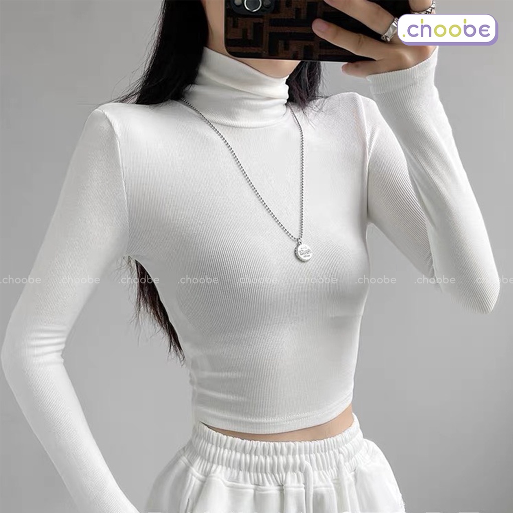 Áo croptop dài tay nữ Choobe cổ lọ chất vải cotton co giãn giữ nhiệt tốt kiểu ôm body cá tính A77