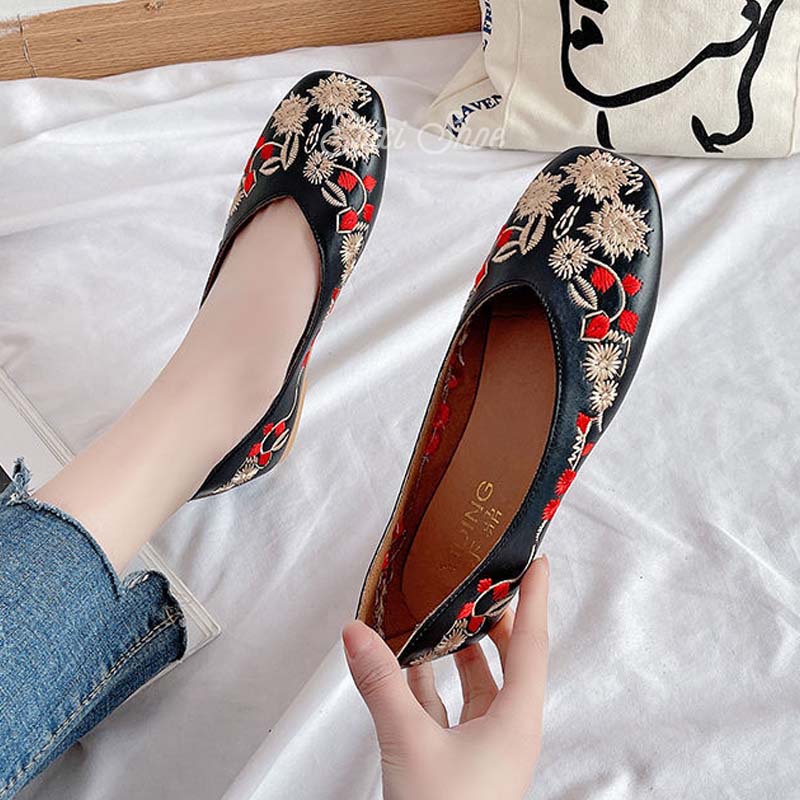 Oeteo Giày Búp Bê Đế Bằng Phong Cách Retro Cho Nữ