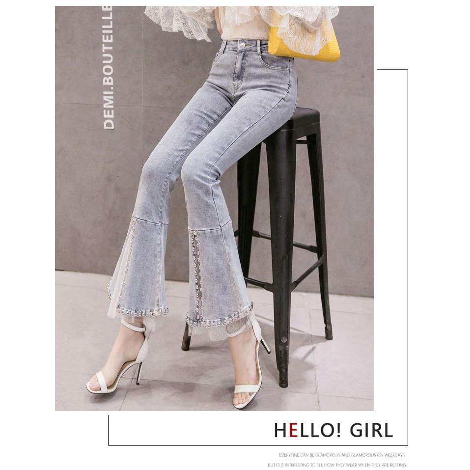 [ORDER TMALL 359] Quần Jeans Bootcut Ống Loe Xẻ Lưới Đính Hạt Sang Trọng