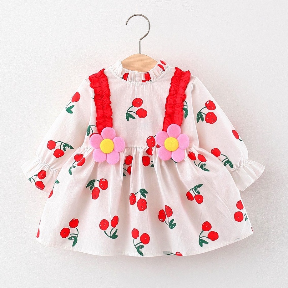 Đầm Hoa Bé Gái Dài Tay, Họa Tiết Qủa Chery, Phom Xòe, Chất Cotton Thô