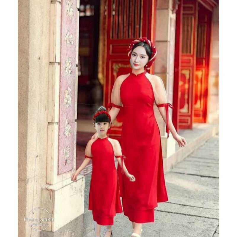 (Tết 2021) Set áo dài cách tân mẹ và bé đỏ kèm nấm