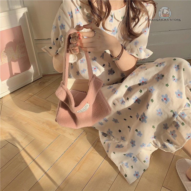 Đầm ngủ ngắn tay in hoa thời trang Hàn Quốc cho nữ