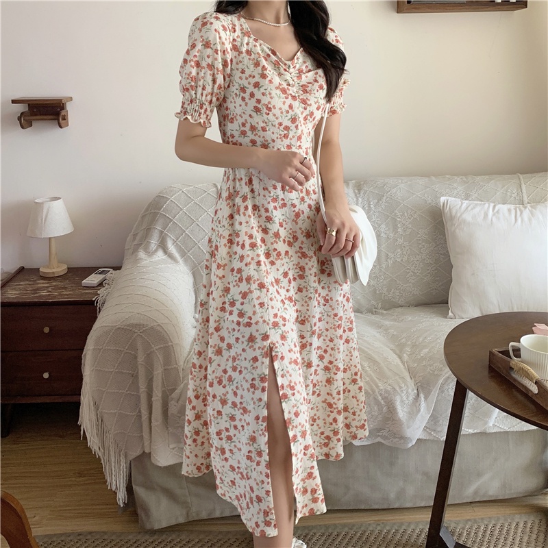 Đầm Hoa Tay Phồng Plus Size Xẻ Tà Thời Trang Mùa Hè Hàn Quốc Cho Nữ