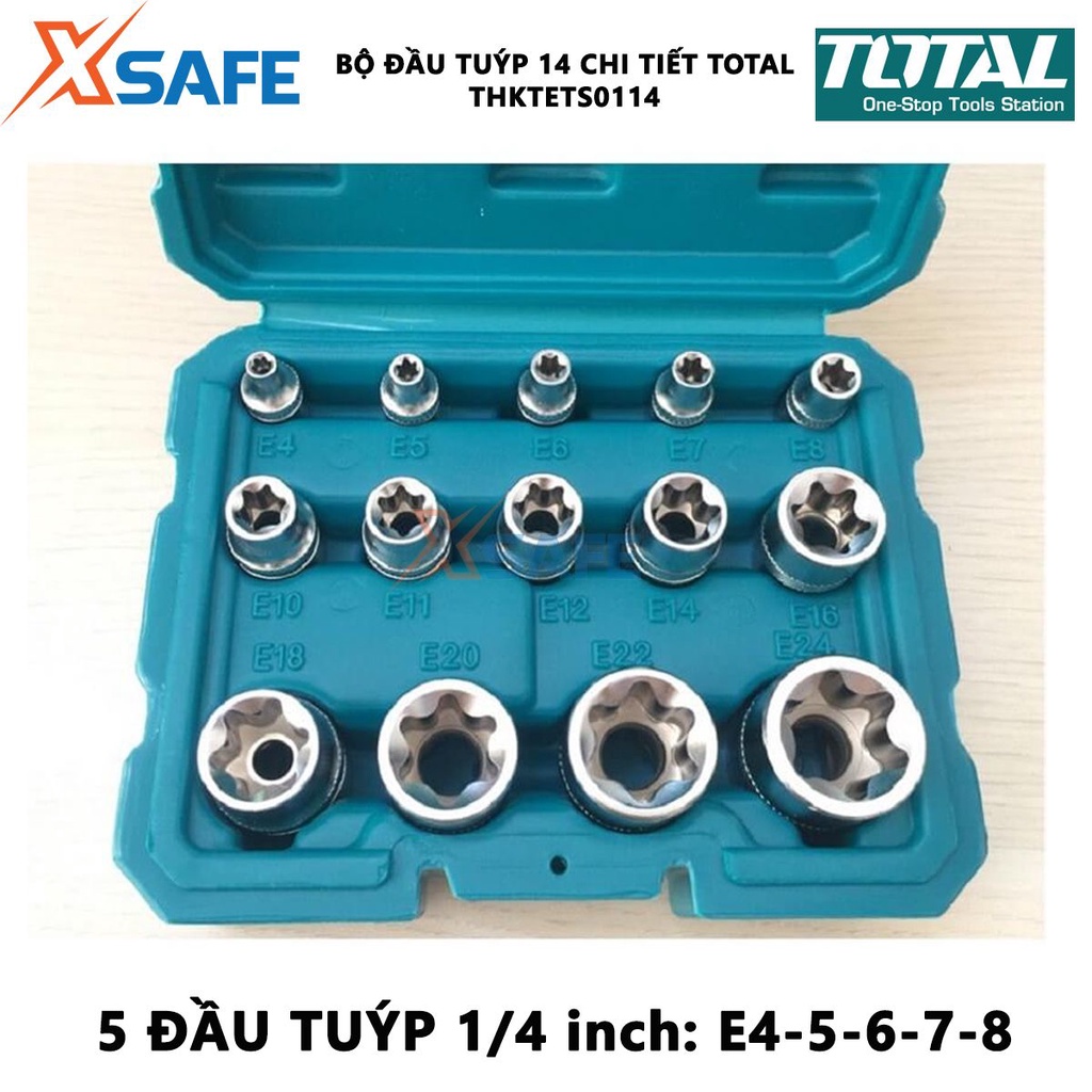 Bộ đầu tuýp 14 chi tiết TOTAL THKTETS0114 | bộ 14 tuýp loại E chất liệu CR-V (50BV30) gồm 5 đầu tuýp 1/4 inch