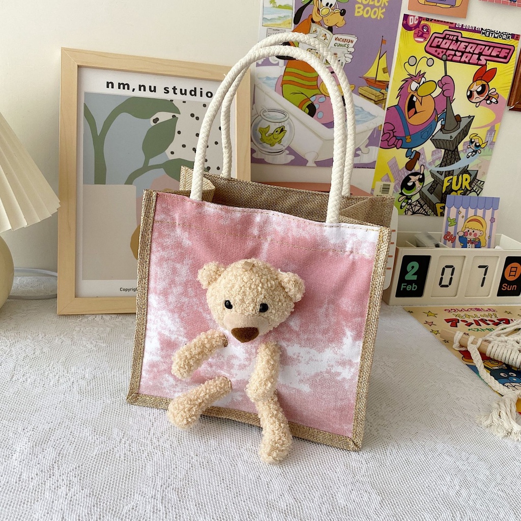 Túi cói tote mini Loang Gấu Phong cách Hàn Quốc TC004