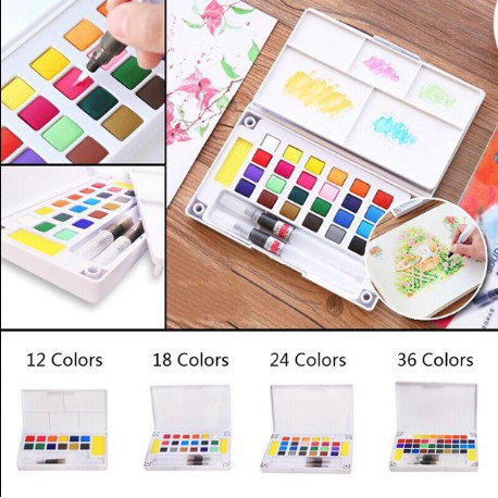 Bộ Màu Nước Water Color Cao Cấp 12/18/24/36 Màu Tặng Bút Nước, 2 Mút, 1 Palette