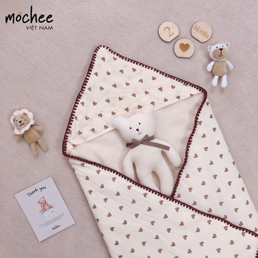 Ủ choàng xô trần bông cho bé Mochee 90x90cm, chăn ủ muslin cotton mềm mại - Monnie Kids