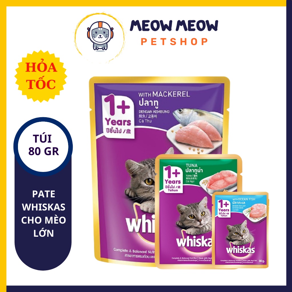 Pate whiskas cho mèo lớn | Túi 80g | Pate dinh dưỡng cho mèo lớn.