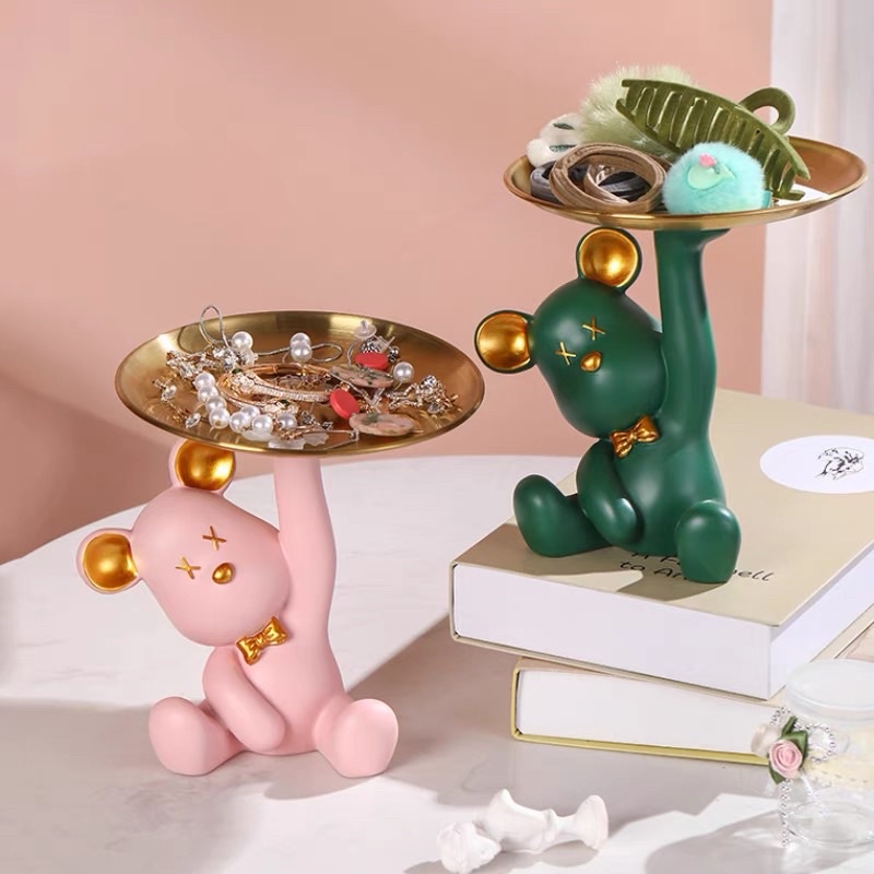 Tượng Gấu bê khay đựng mỹ phẩm trái cây trang trí, làm quà tặng sinh nhật- khai trương nhiều màu.