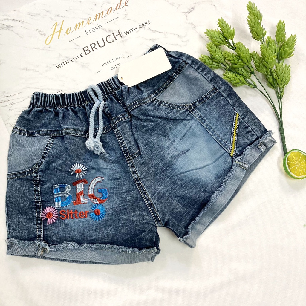 |FAMARAL2 giảm 10k cho đơn 50k|Quần đùi bé gái freesize từ 35-40kg quần short jean mềm thêu hoa chữ - QG54