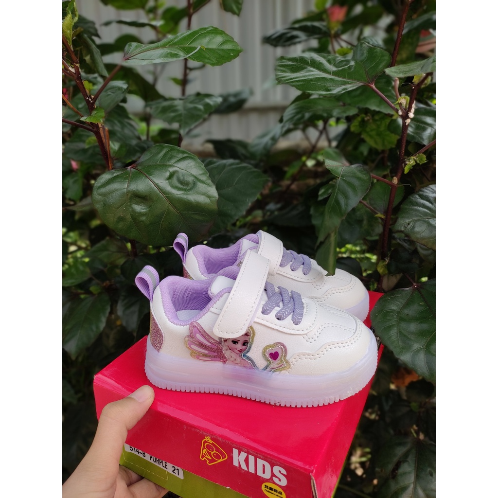 Giày thể thao đèn led cho bé gái hình nữ hoàng màu trắng bé từ 1 đến 6 tuổi full hộp da PU 5148