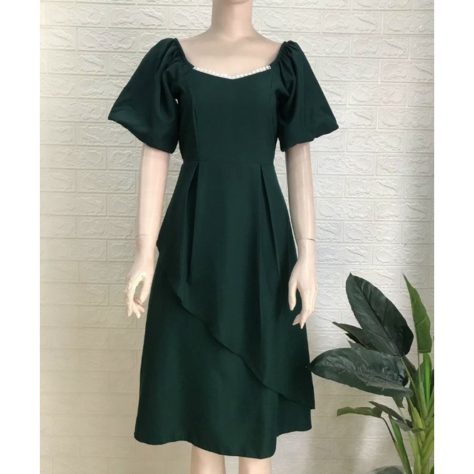 Đầm dang xòe tà xếp cổ tứ giác, váy lụa dự tiệc tay phồng xinh xắn - DTH