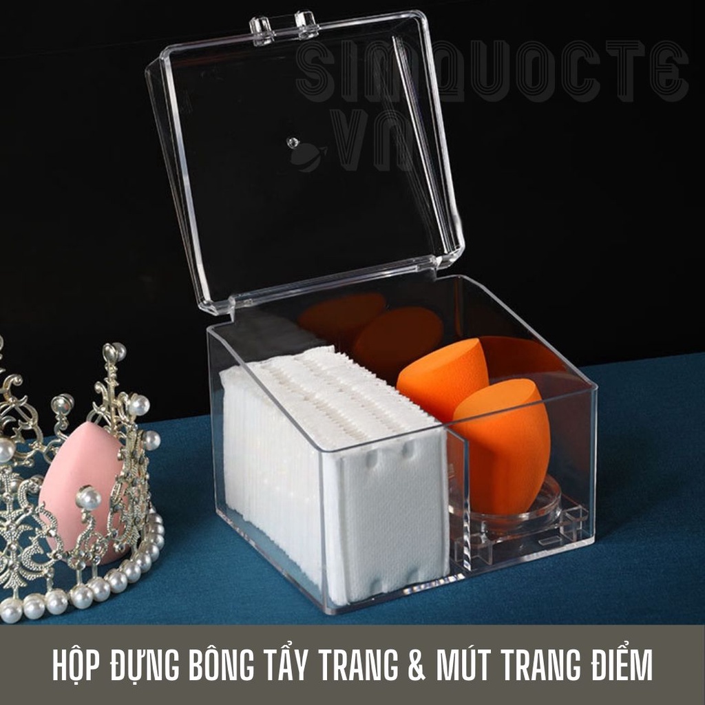 Hộp đựng bông tẩy trang bông tăm kèm khay để mút trang điểm có nắp chống bụi trong suốt HNTS10