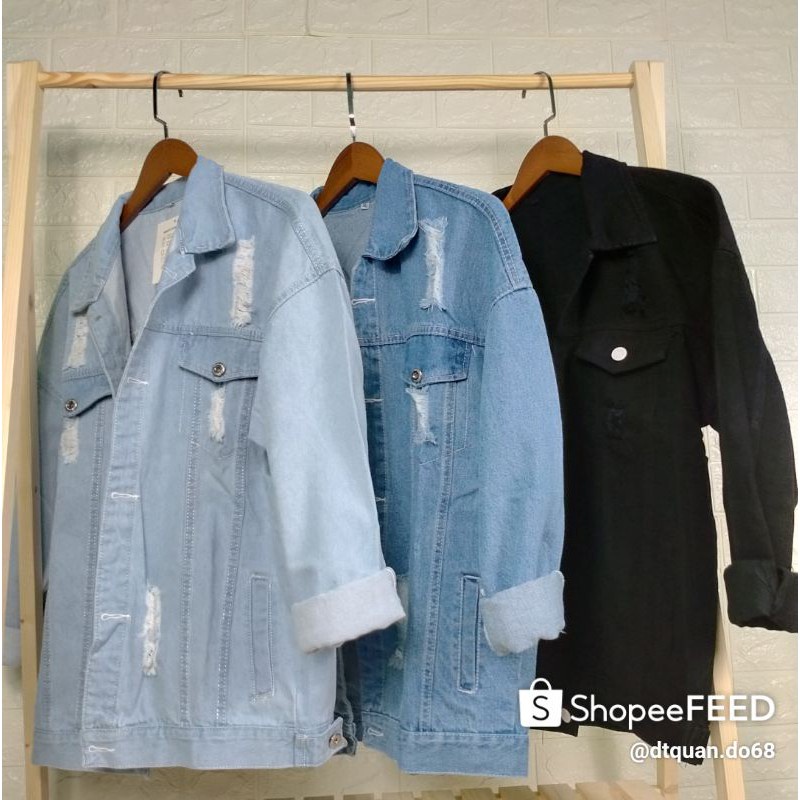 Áo Khoác Jean Nam Rách phong cách Hàn Quốc Áo Khoác Rin Jeans Jean Rách Vai Nam Nữ Màu Xanh NHẠT VÀ ĐẬM Chất Unisex