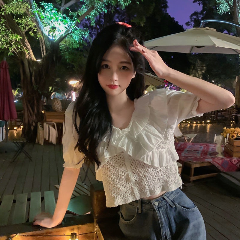 Áo Sơ Mi Chiffon Tay Ngắn Cổ Bẻ Phối Bèo Phong Cách Hàn Quốc Thời Trang Cho Nữ