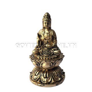 Tượng đá Phật Bà Quan Thế Âm Bồ Tát ngồi tòa sen - Chiều cao 11cm - Màu nhũ vàng