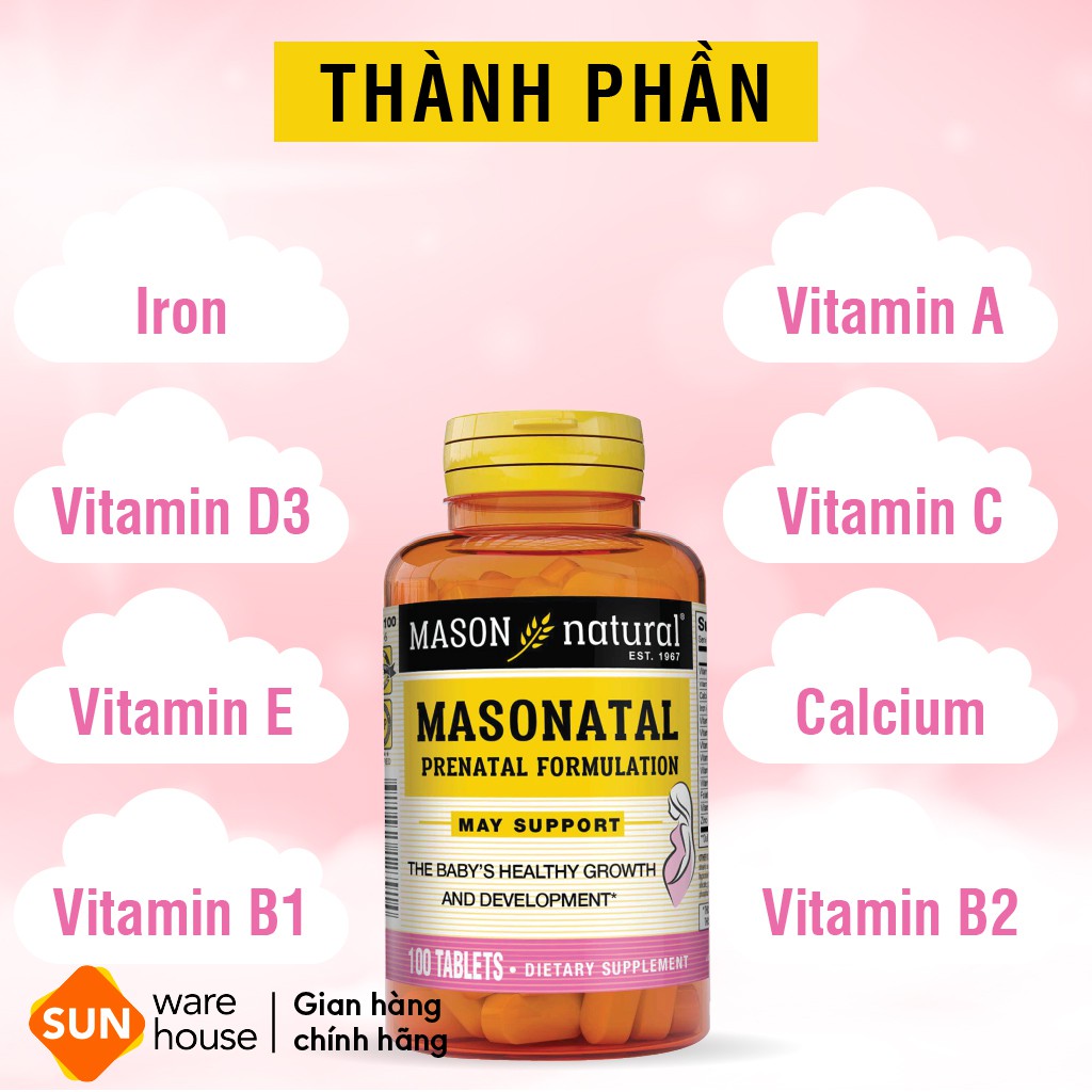 Viên Uống Tổng Hợp Vitamin MASON NATURAL Prenatal Formulation 100 Viên Cho Phụ Nữ Mang Thai Và Cho Con Bú