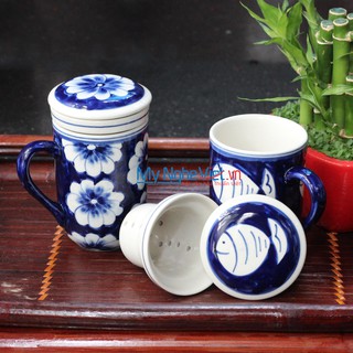 Ly Lọc Trà Bát Tràng họa tiết cá - hoa cúc xanh dương MNV-PTCX03