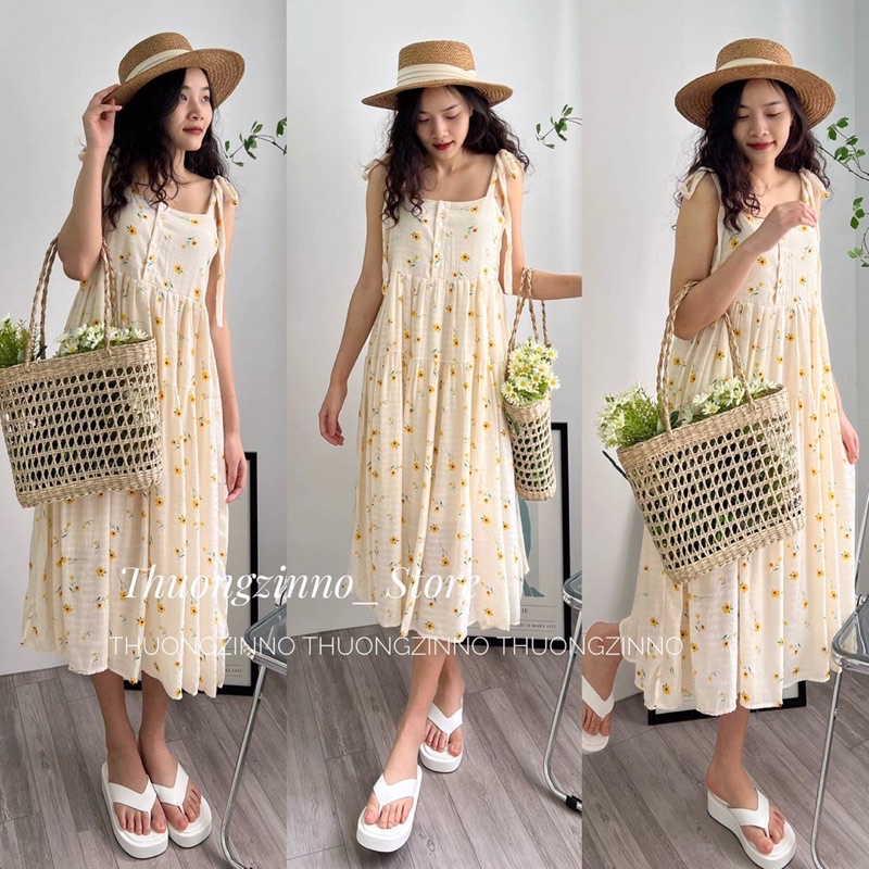 [Siêu hot] Đầm hai dây hoa nhí vàng yellow  Đầm hai dây lụa buộc vai  hoa vintage Hàn Quốc