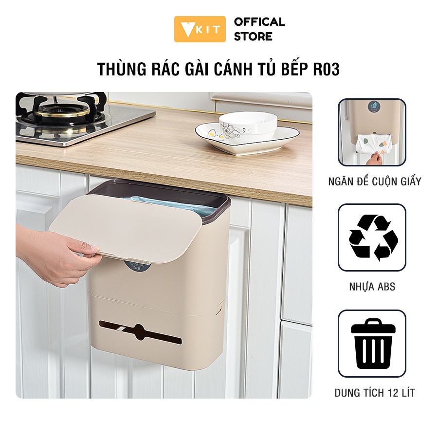 Thùng đựng rác thông minh nhựa cài cánh tủ bếp [ 3 CÔNG NĂNG ] Vkit R03