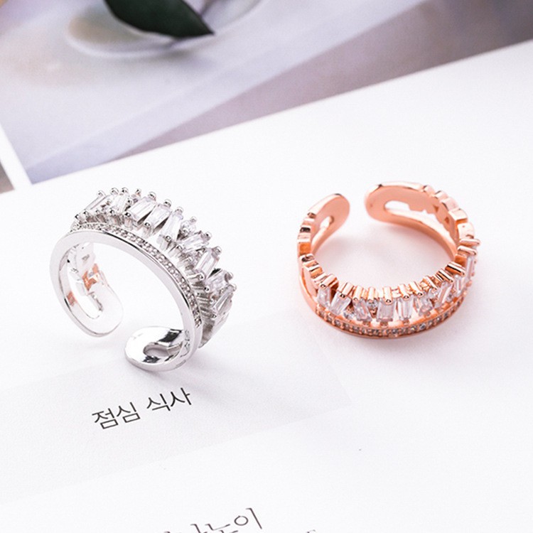 XiaoboACC Nhẫn Hai Lớp Đính Đá Zircon Phong Cách Hàn Quốc