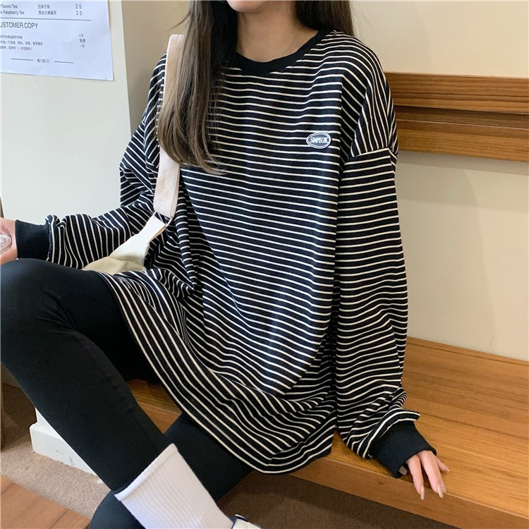 LEEVA - Áo sweater phối sọc dáng rộng cho nữ A119