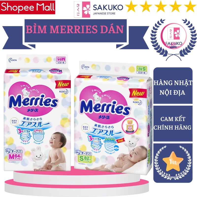 Tả Merries, Bỉm Dán Merries Nội Địa Nhật Thấm Hút Nhanh Đủ Size SS90/S82/M64/L64+6 - SAKUKO