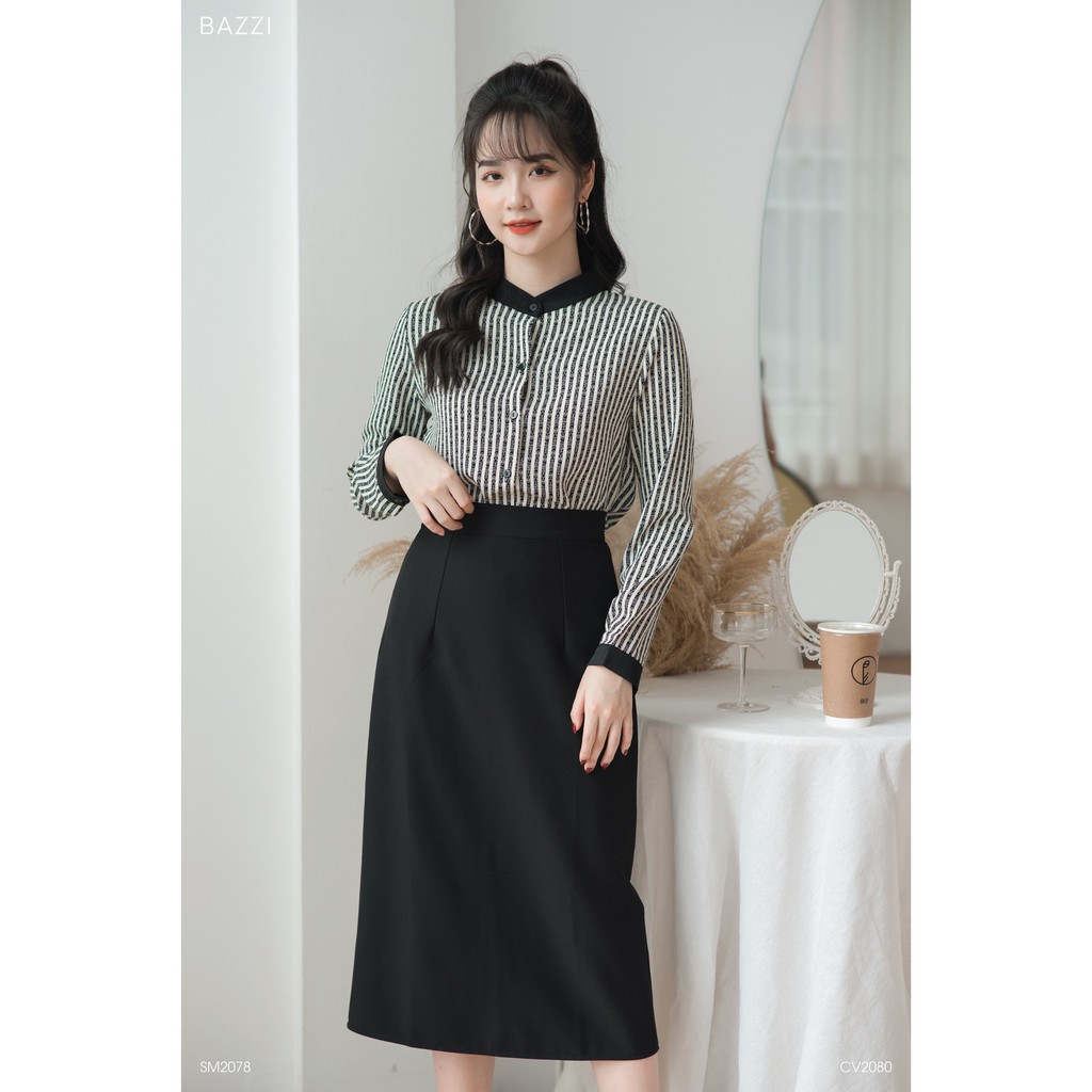 Áo sơ mi nữ cổ tàu dài tay họa tiết kẻ dọc đen thiết kế Bazzi tay lỡ - ẢNH THẬT TỰ CHỤP