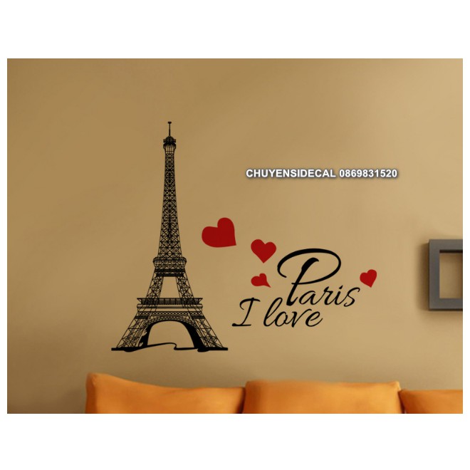 Decal trang trí tường - Tháp Paris Tim đỏ