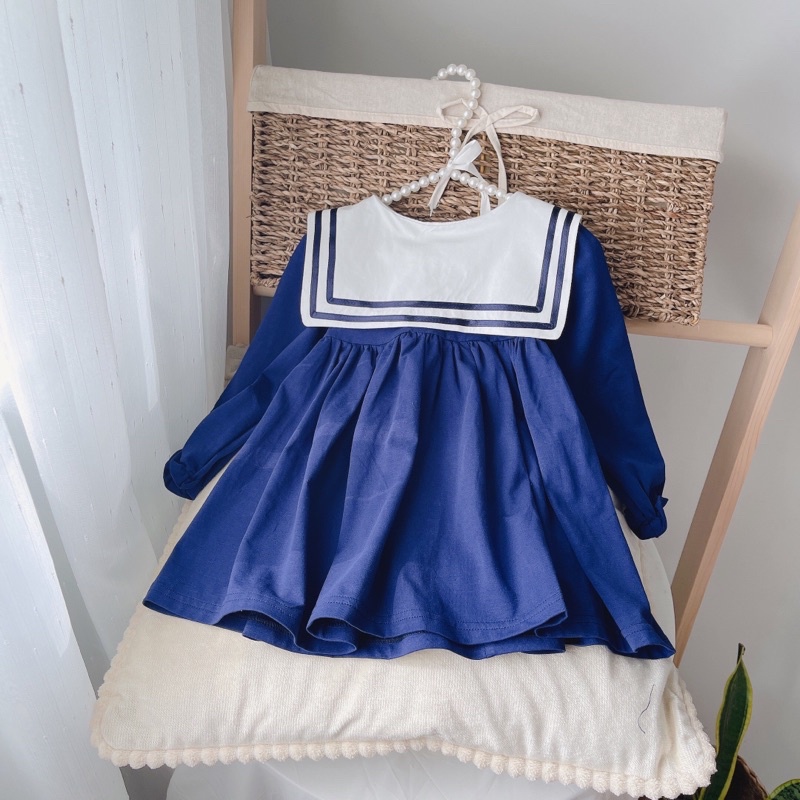 Váy thuỷ thủ dài tay cho bé gái- Chất cotton mềm đẹp y hình cho bé 8-22 kg