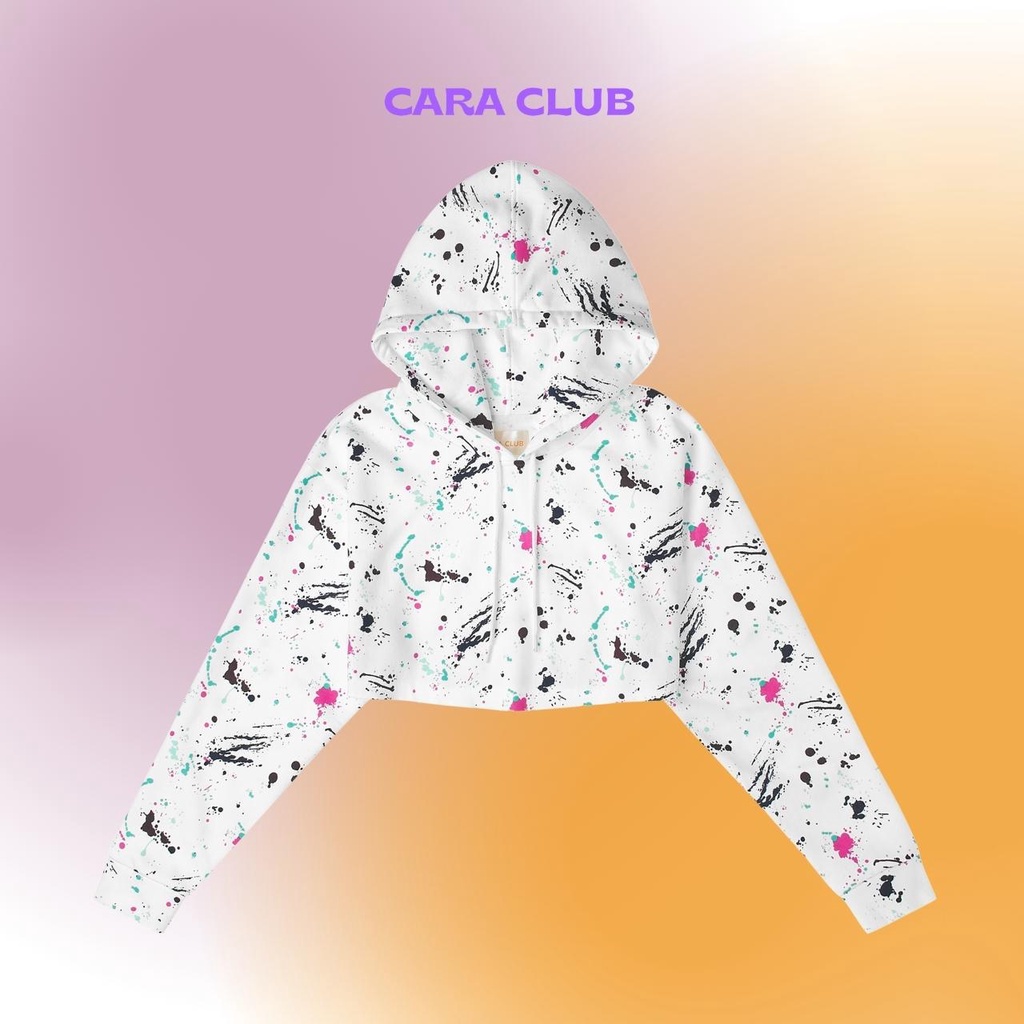 CARA Áo croptop Hoodie tay dài màu trắng họa tiết sơn có nón cho mùa đông ấm áp