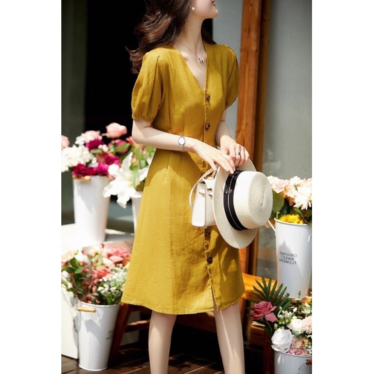 Đầm xoè công sở vàng phối nút nhẹ nhàng TRIPBLE T DRESS - size M/L/XL