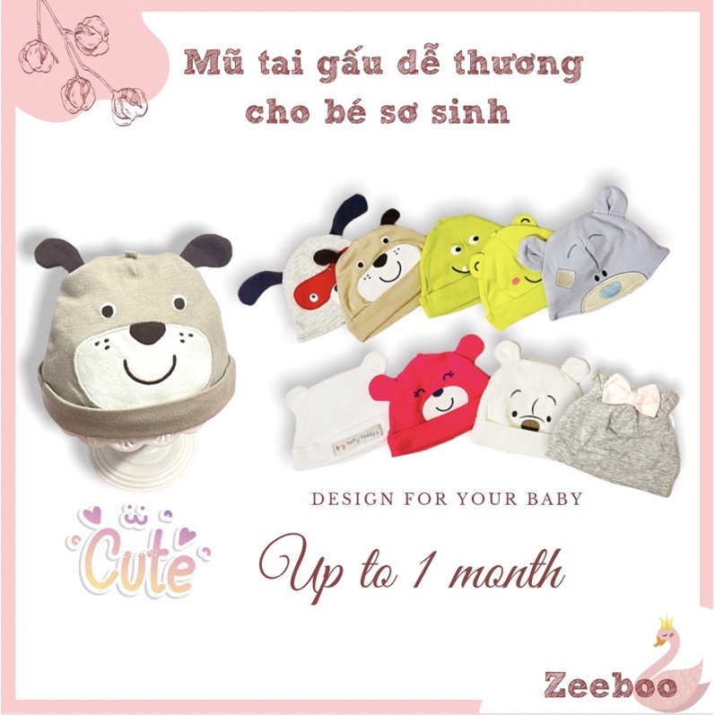 Mũ sơ sinh tai gấu, tai chó, tai thỏ dễ thương cho bé trai, bé gái sơ sinh, chất liệu vải cotton siêu mền mịn