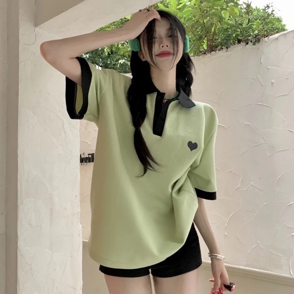 Áo thun polo nữ thêu hình trái tim màu xanh bơ phong cách Hàn Quốc