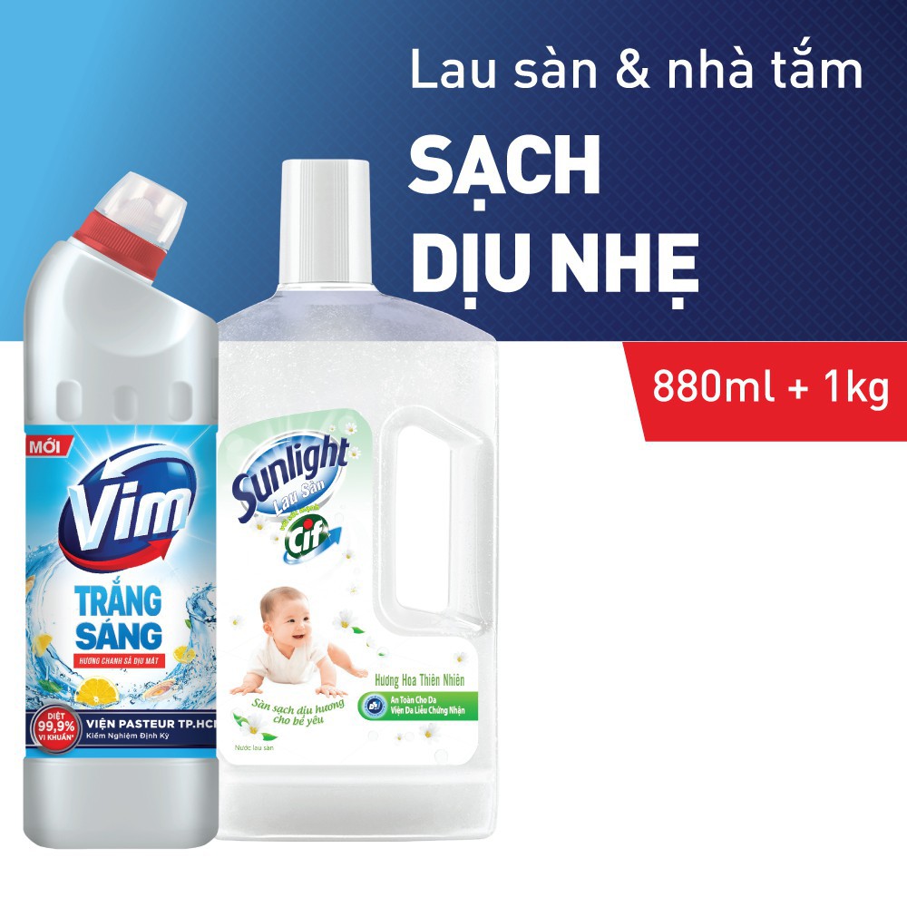Nước Lau Sàn Sunlight Hương Thiên Nhiên 1kg + Gel Tẩy Bồn Cầu Nhà Tắm Vim Trắng Sáng Chanh Sả 880ml