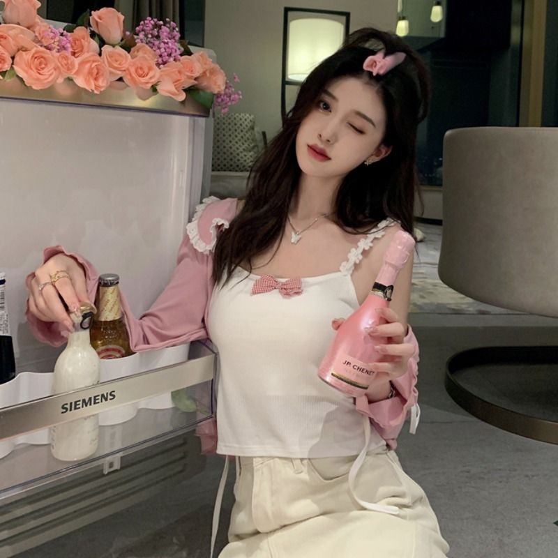 Áo Cardigan Mỏng + Áo Hai Dây Thắt Nơ Phong Cách Hàn Quốc Dành Cho Nữ